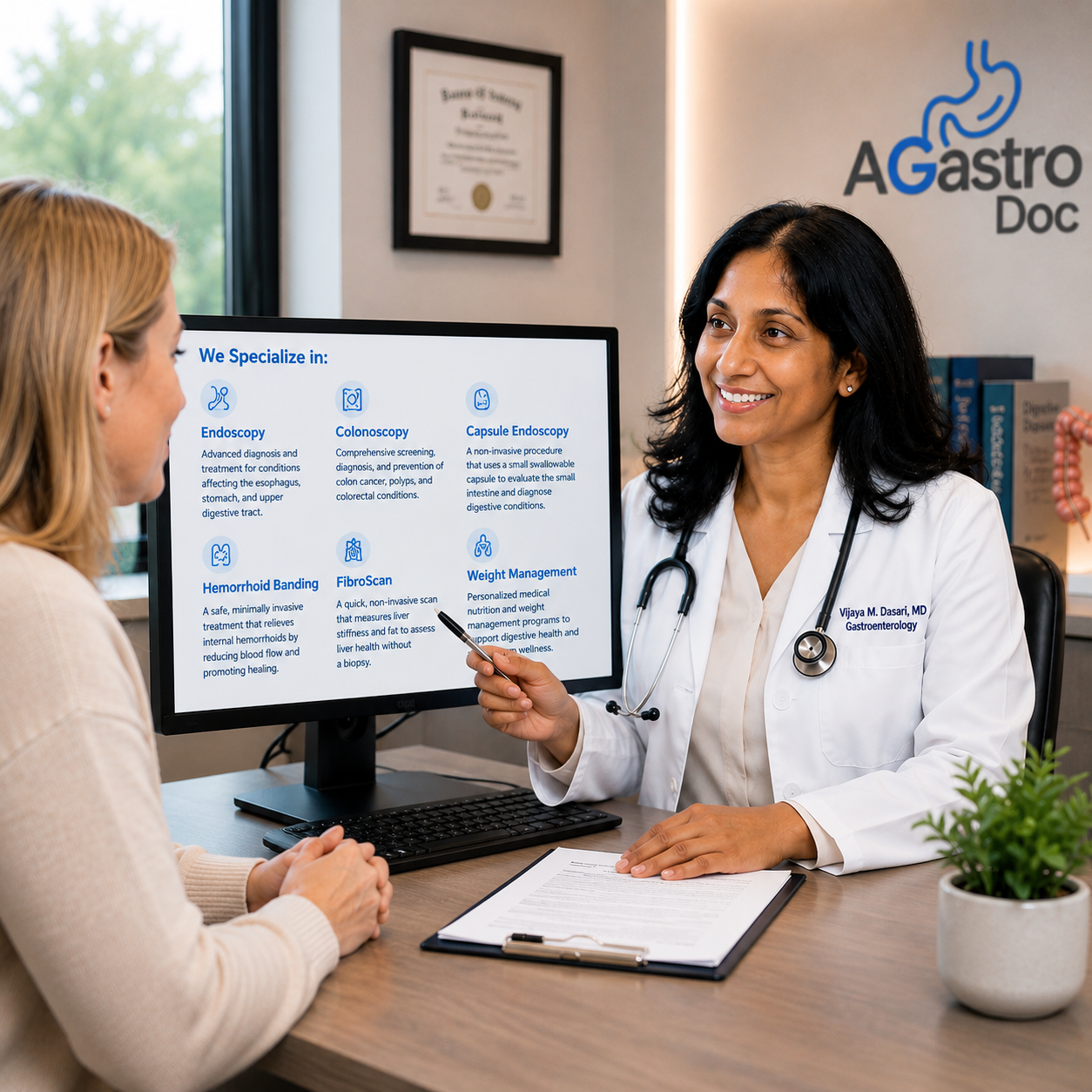 Dr. Dasari reviewing digestive services with a patient